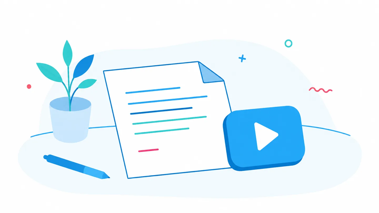 Illustration of a short written brief on a desk beside a play button, representing briefing an animated explainer video