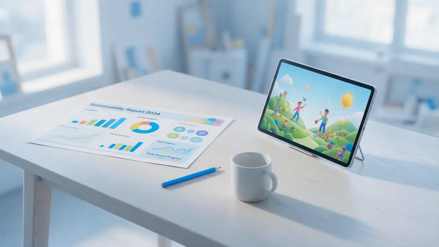 A printed infographic beside a tablet playing an animated explainer video on a studio desk