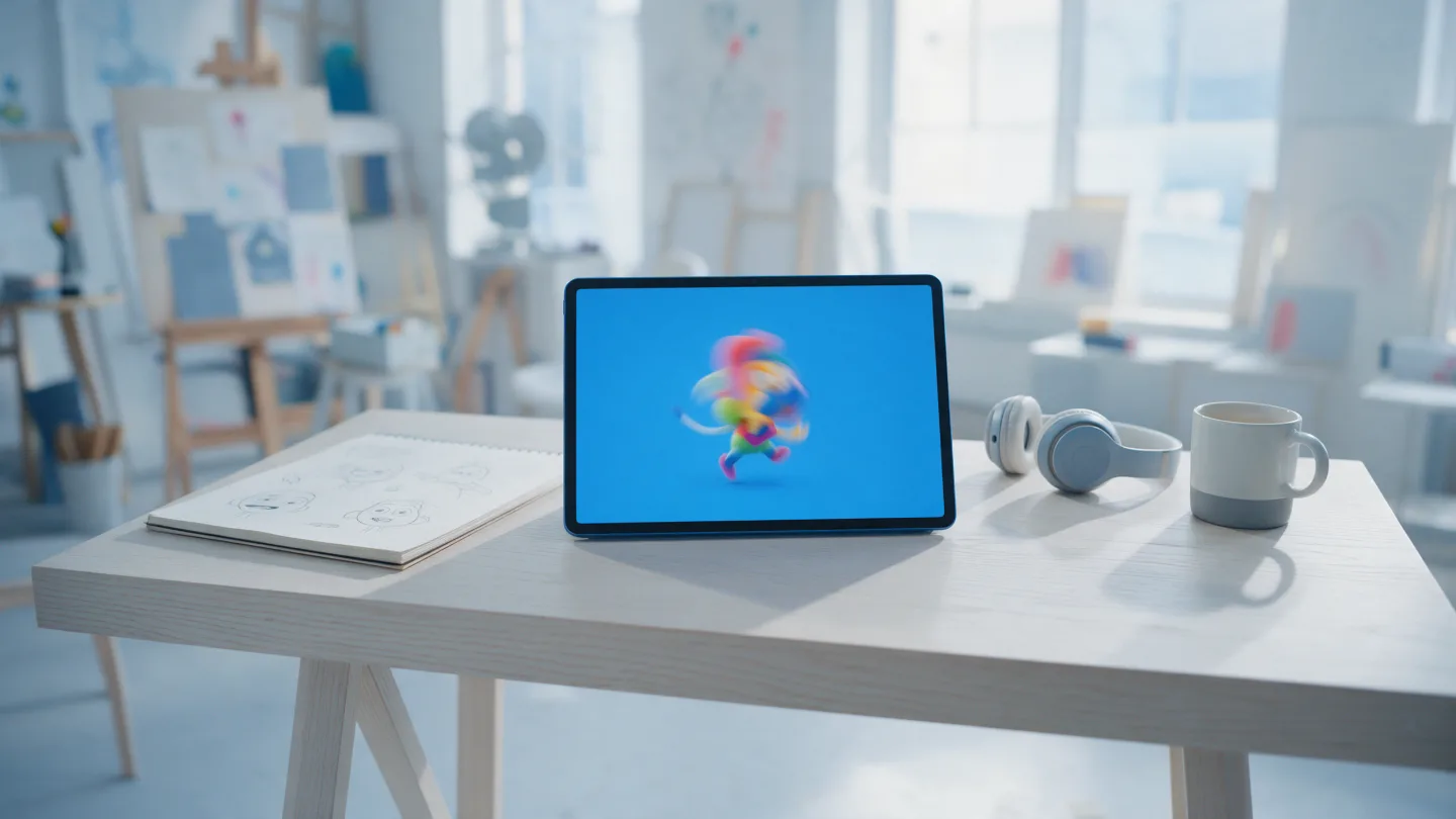 An animation studio desk with a tablet showing a cartoon character mid-animation, a sketchbook of character expressions and headphones