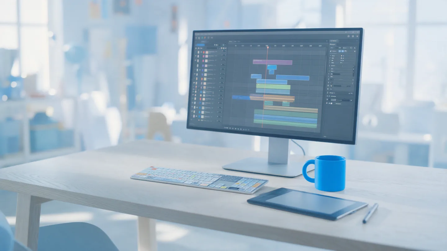 A motion design timeline on a monitor in an animation studio, beside a keyboard and pen tablet