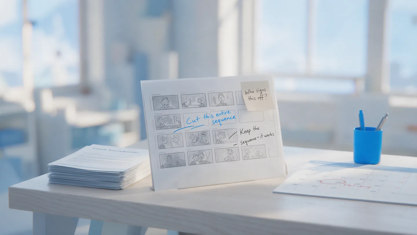 A marked-up storyboard propped on a studio desk, with a &lsquo;Who signs this off?&rsquo; sticky note, a stack of printed email amendments and a calendar with the delivery date circled