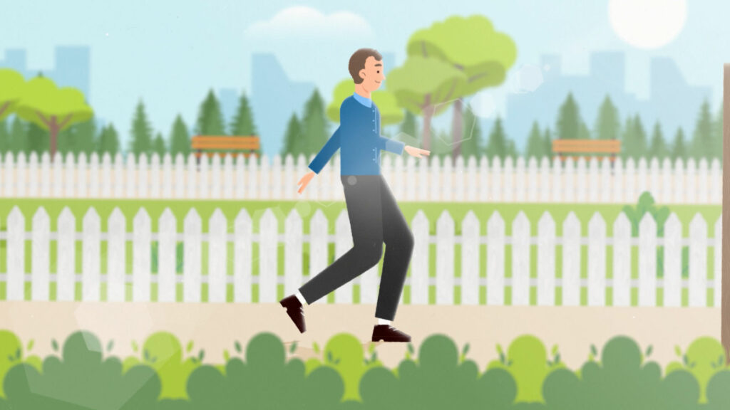 Animated character walking through a park