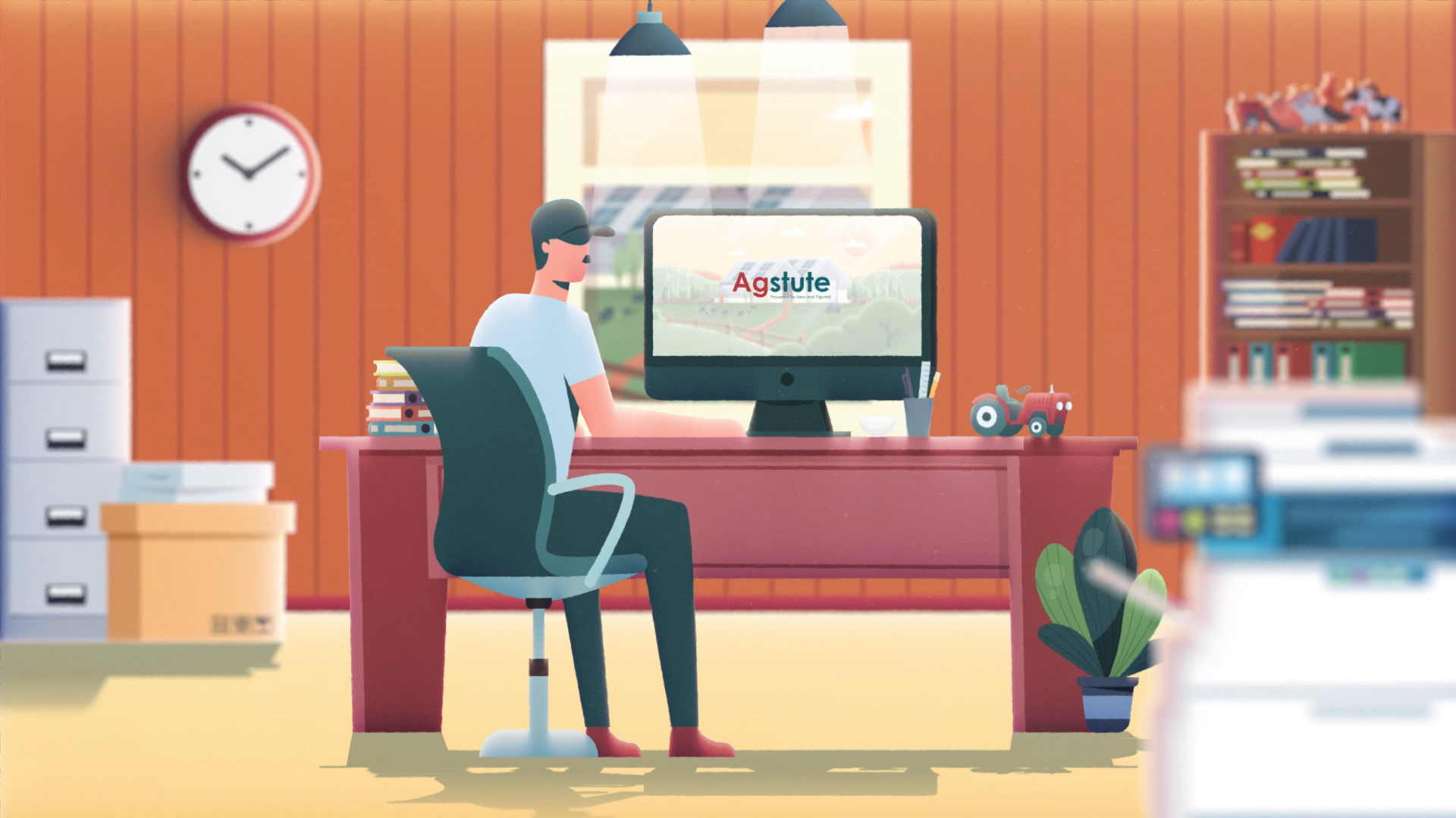 Animated farmer sat at computer