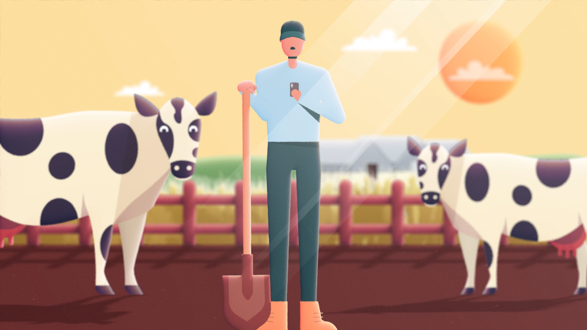 Animated farmer looking at phone with cows beside him